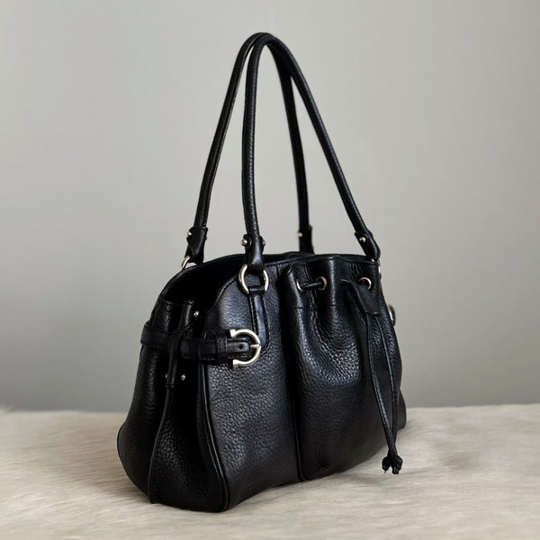 Salvatore Ferragamo Black Leather Drawstring Triple Compartment Shoulder Bag Like New