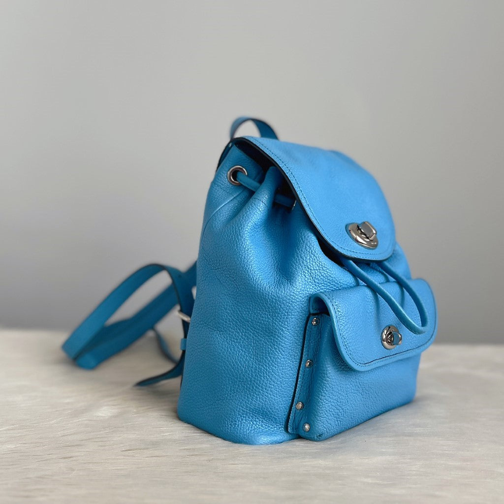 Coach Blue Leather Turn Lock Pocket Mini Backpack Excellent