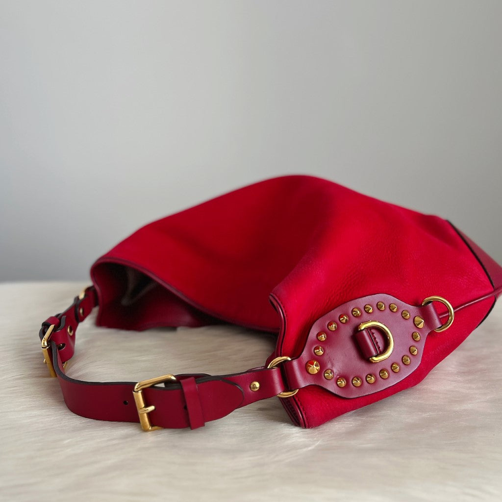 Gucci Red Leather Suede Patchwork Studded Detail 2 Way Shoulder Bag Excellent