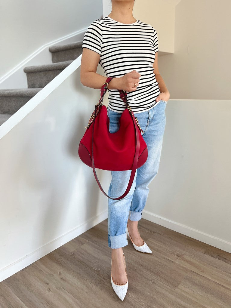 Gucci Red Leather Suede Patchwork Studded Detail 2 Way Shoulder Bag Excellent