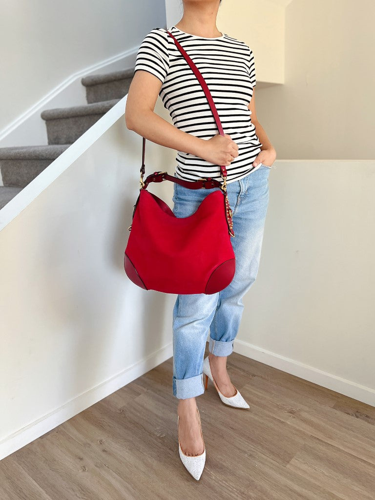 Gucci Red Leather Suede Patchwork Studded Detail 2 Way Shoulder Bag Excellent