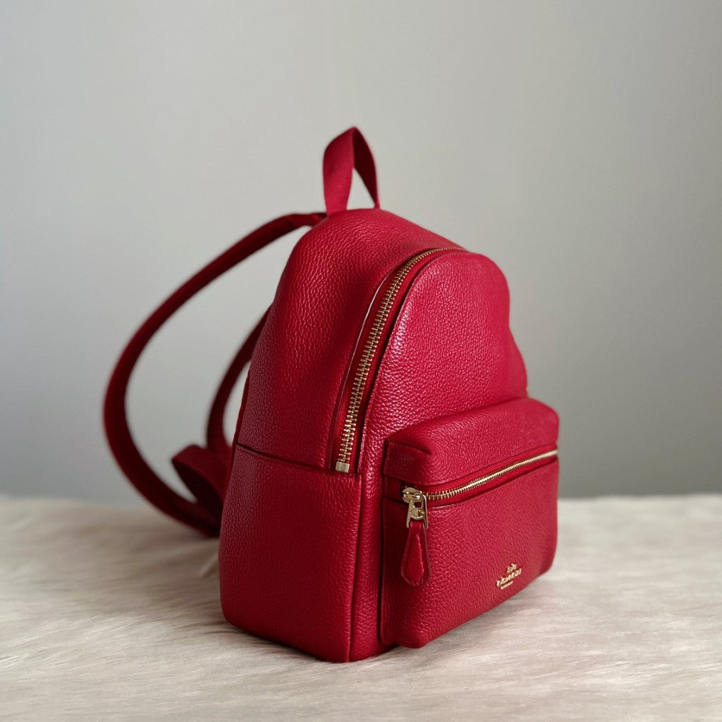 Coach Red Leather Front Zip Compartment Pocket Small Backpack Excellen