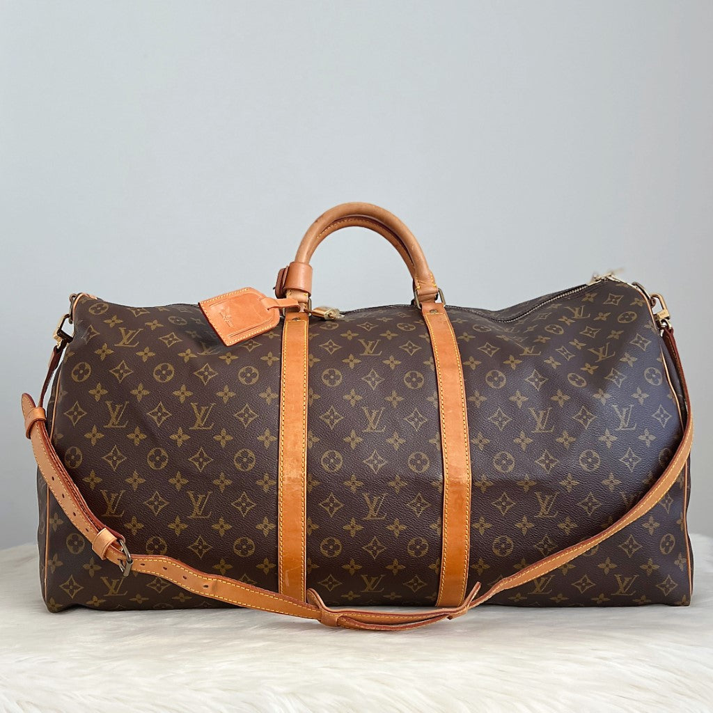 Louis Vuitton Signature Monogram Bandouliere Keepall 60 Travel Bag Full Set