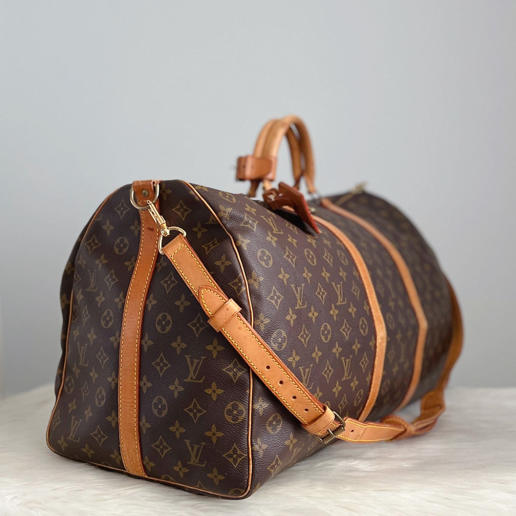 Louis Vuitton Signature Monogram Bandouliere Keepall 60 Travel Bag Full Set