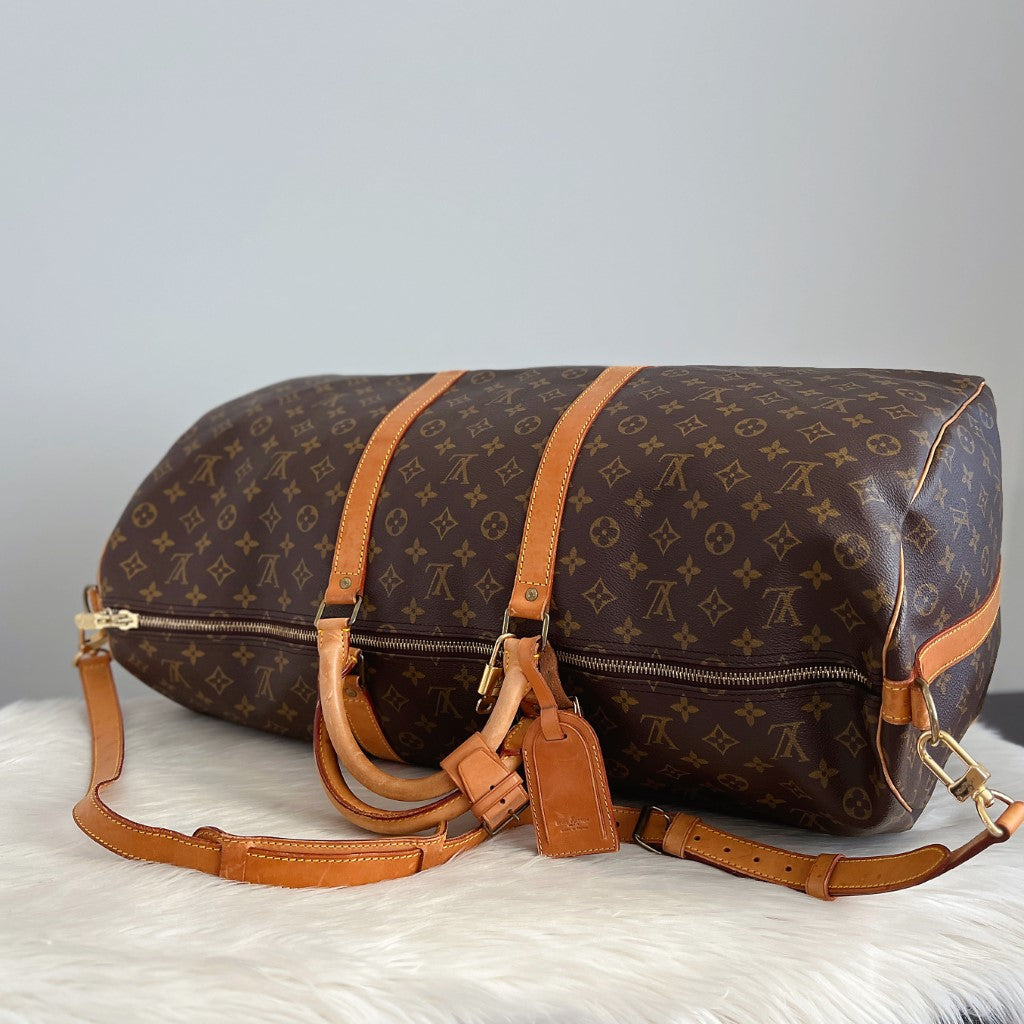 Louis Vuitton Signature Monogram Bandouliere Keepall 60 Travel Bag Full Set