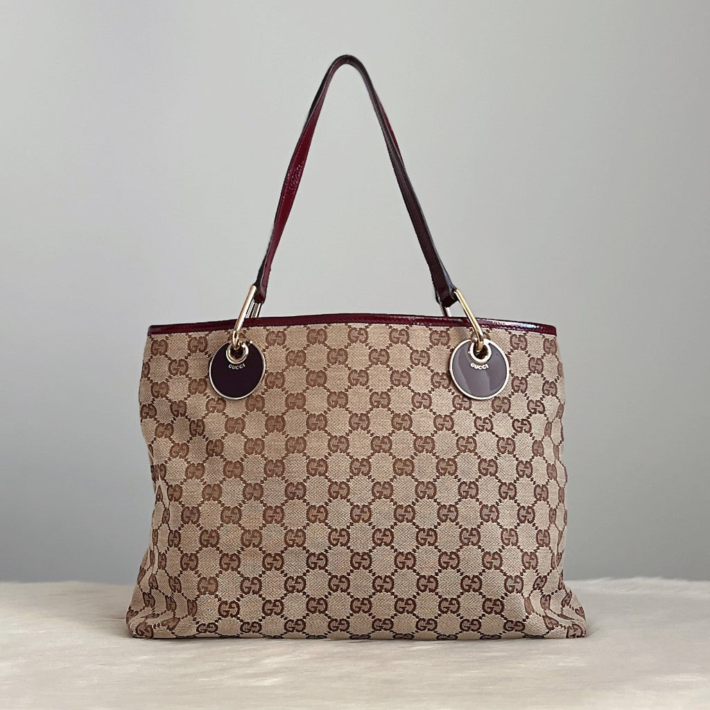 Gucci Maroon Leather Monogram Triple Compartment Shoulder Bag Excellent