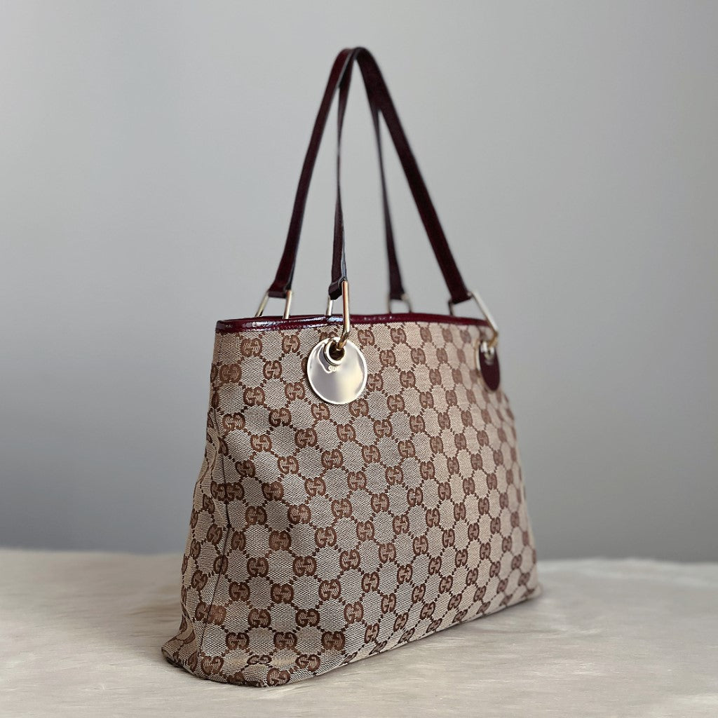 Gucci Maroon Leather Monogram Triple Compartment Shoulder Bag Excellent