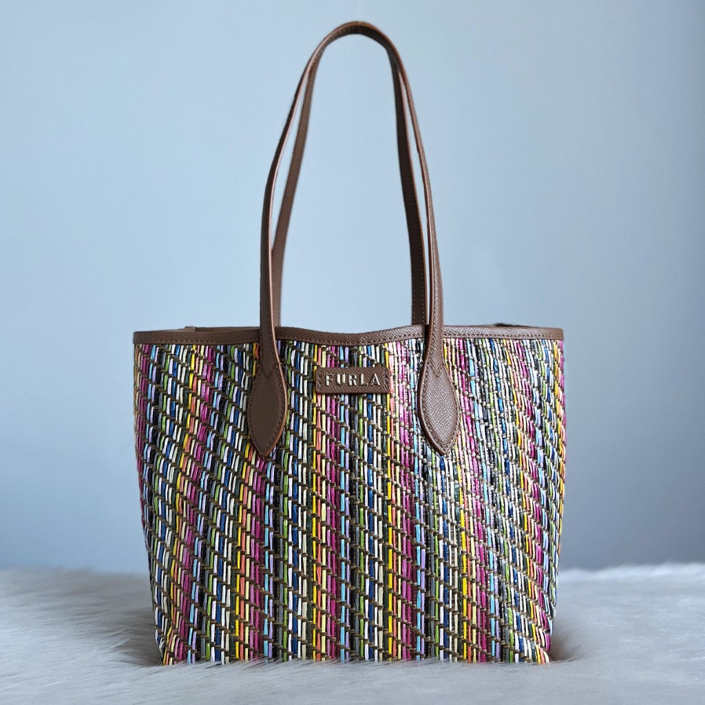 Furla Rainbow Straw Pleated Multi-compartment Shoulder Bag Like New