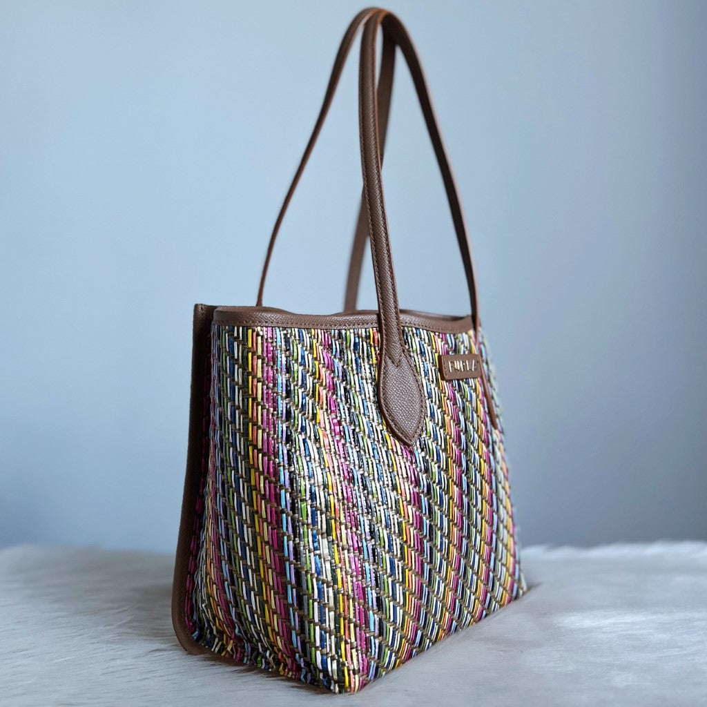 Furla Rainbow Straw Pleated Multi-compartment Shoulder Bag Like New