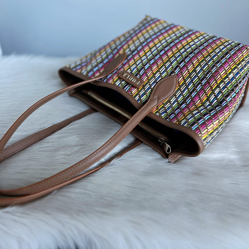 Furla Rainbow Straw Pleated Multi-compartment Shoulder Bag Like New