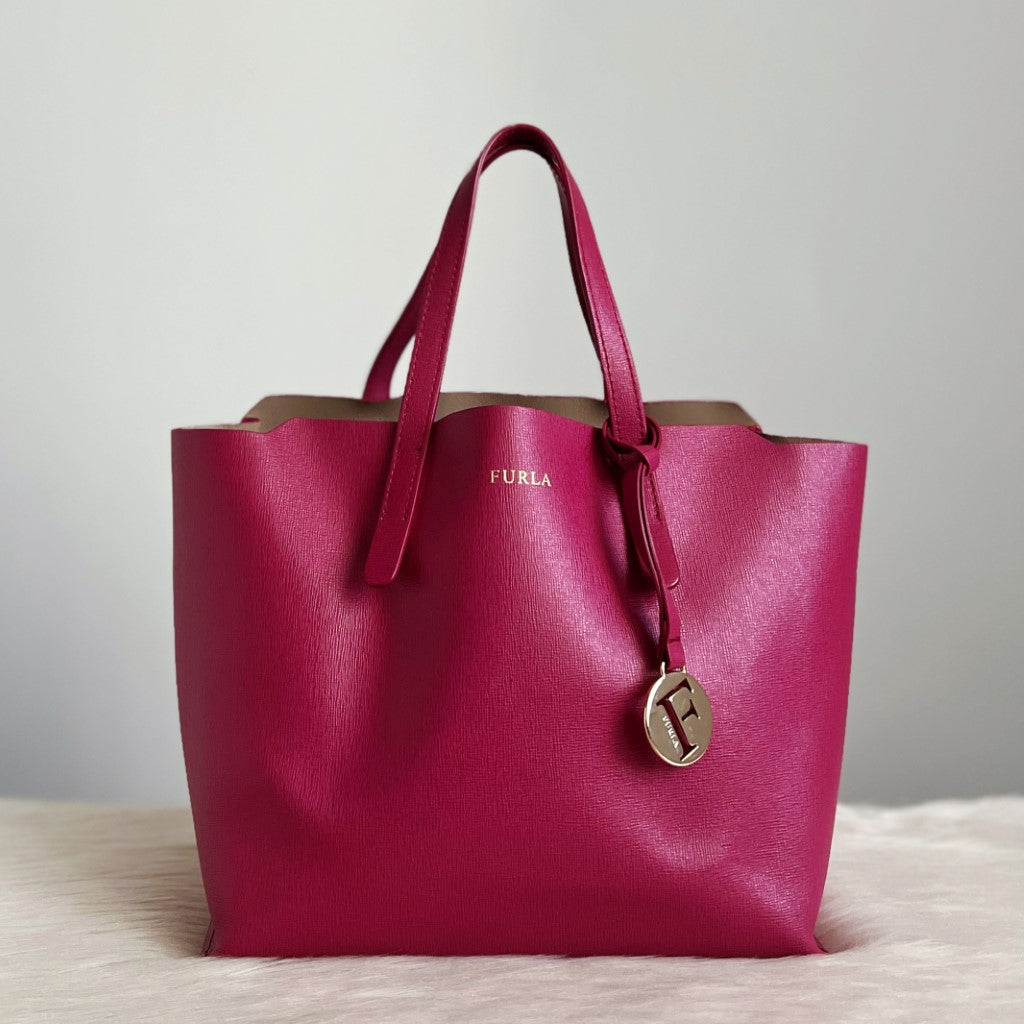 Furla Fuchsia Leather F Charm Triple Compartment Tote Bag Excellent