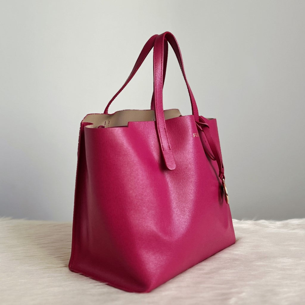 Furla Fuchsia Leather F Charm Triple Compartment Tote Bag Excellent