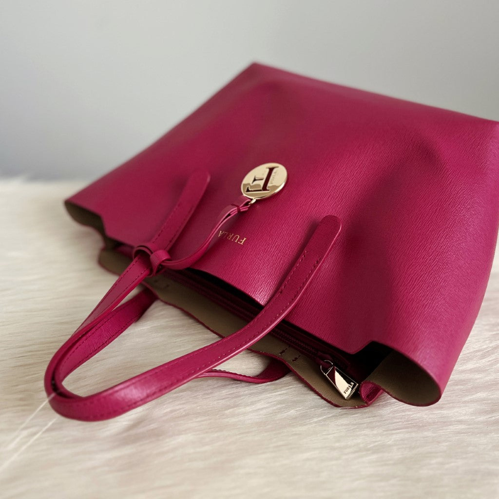 Furla Fuchsia Leather F Charm Triple Compartment Tote Bag Excellent