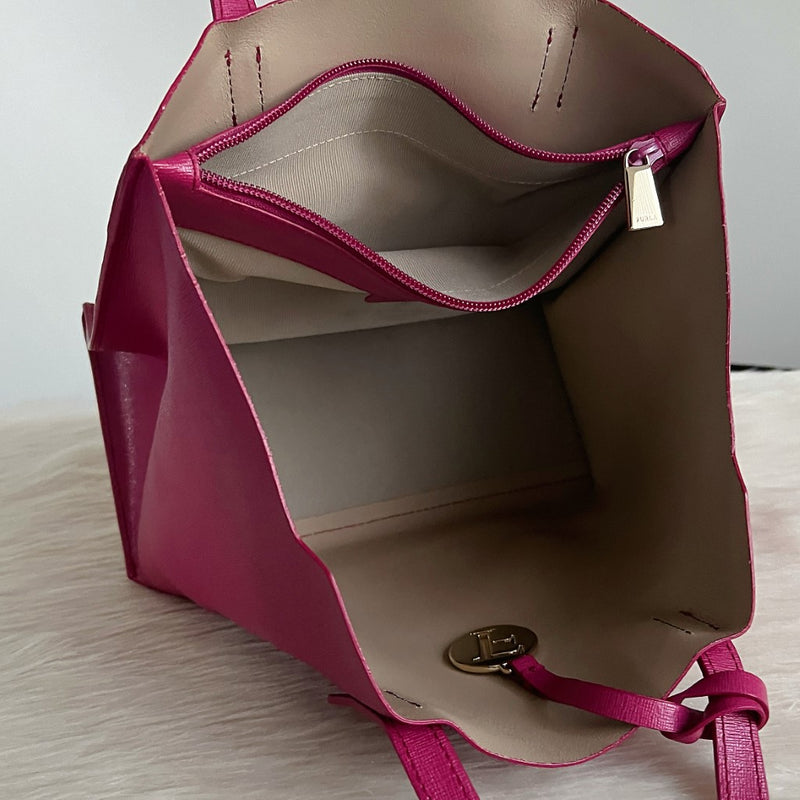 Furla Fuchsia Leather F Charm Triple Compartment Tote Bag Excellent