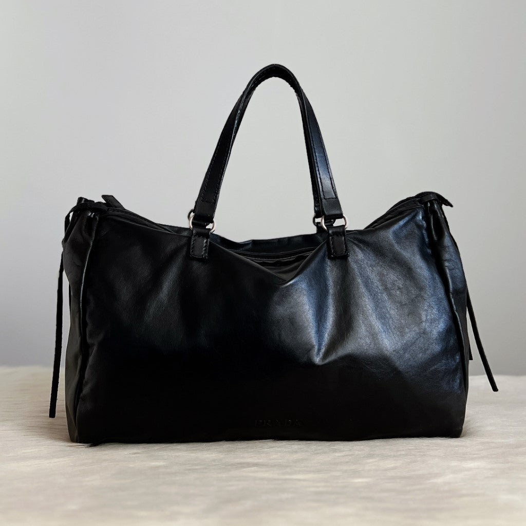 Prada Black Leather Classic Drawstring Tote Bag