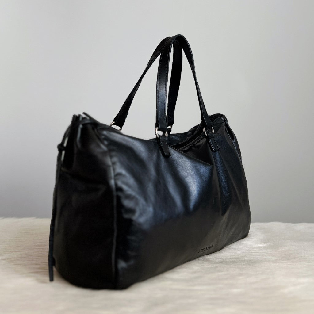 Prada Black Leather Classic Drawstring Tote Bag