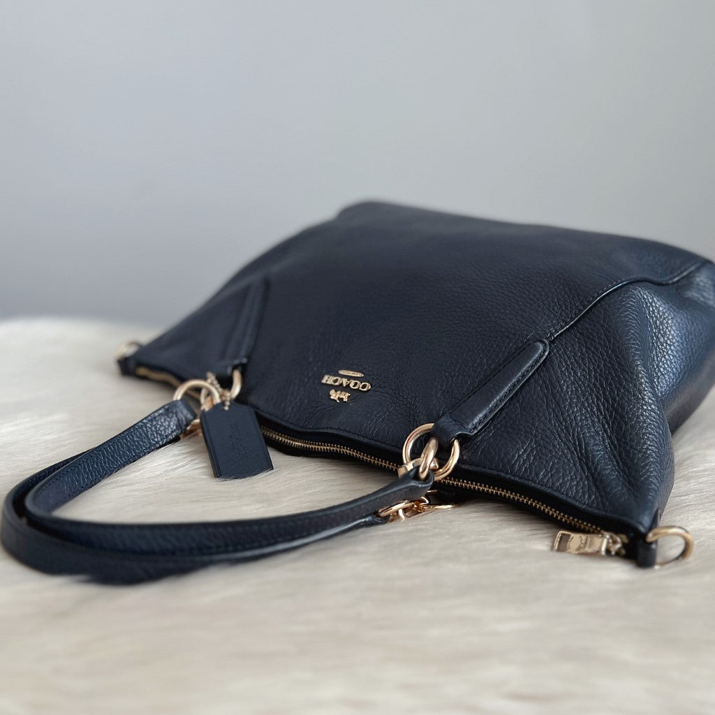 Coach Navy Leather Front Logo 2 Way Shoulder Bag