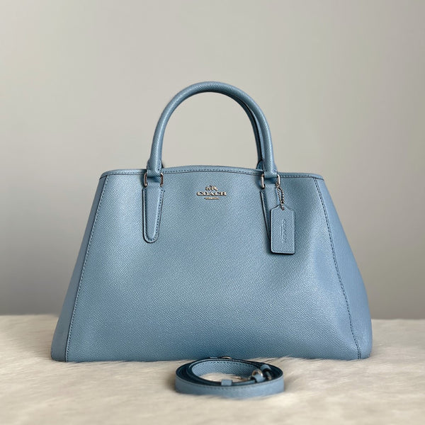 Coach Light Blue Leather Triple Compartment Carryall 2 Way Shoulder Bag Like New