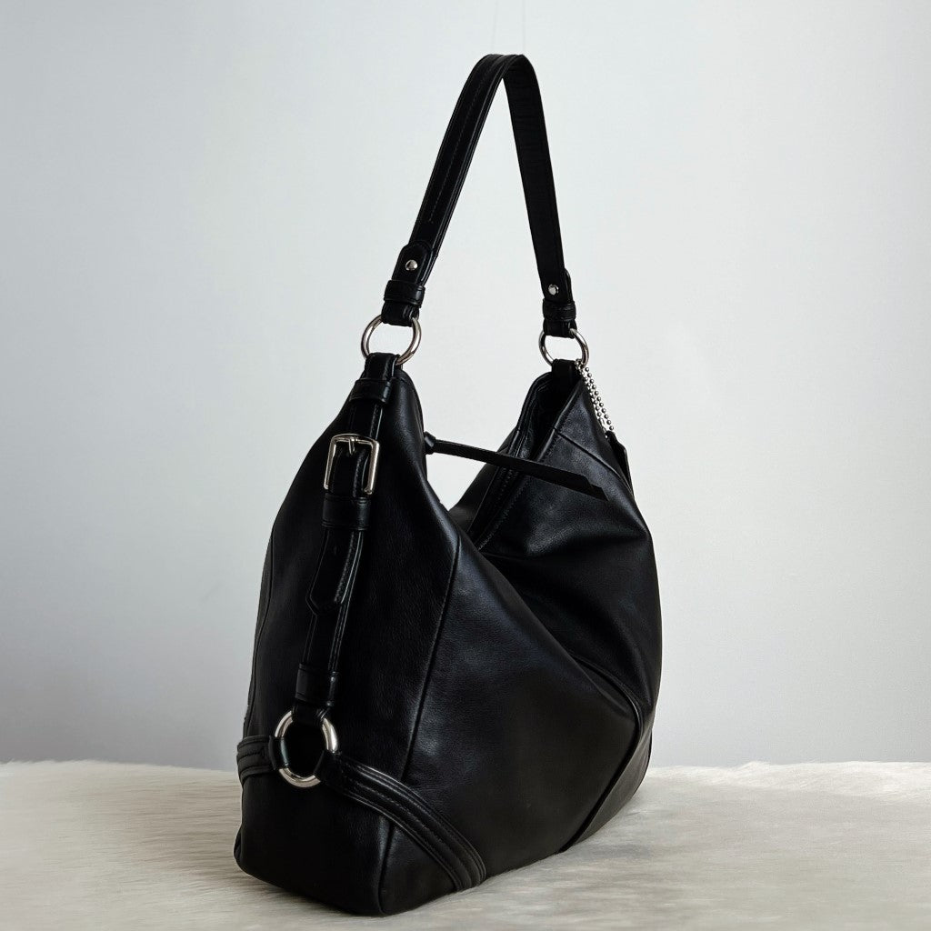 Coach Black Leather Front Logo Slouchy Shoulder Bag