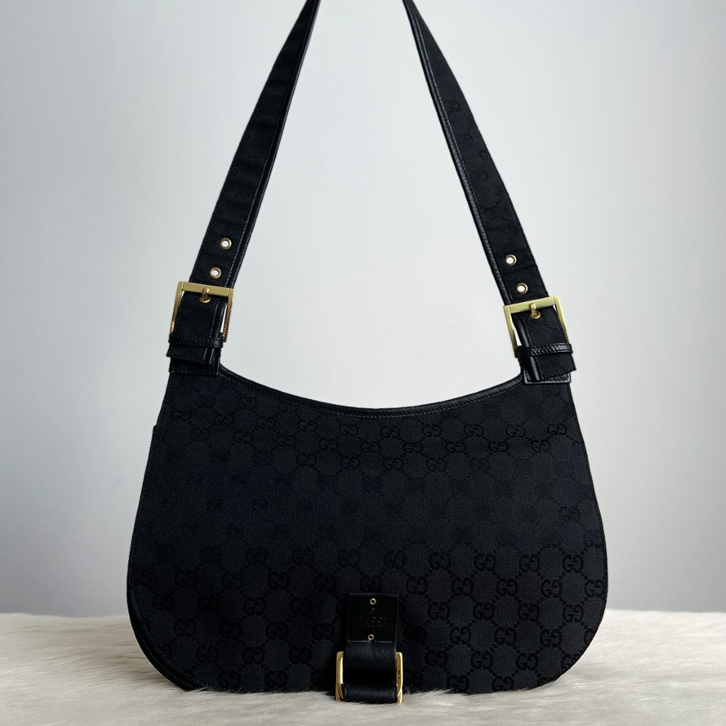 Gucci Black Double G Monogram Buckle Detail Shoulder Bag