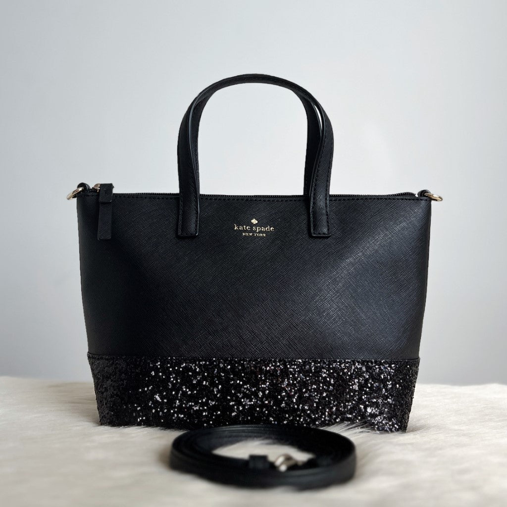 Kate Spade Black Leather Sequined Detail 2 Way Shoulder Bag Like New