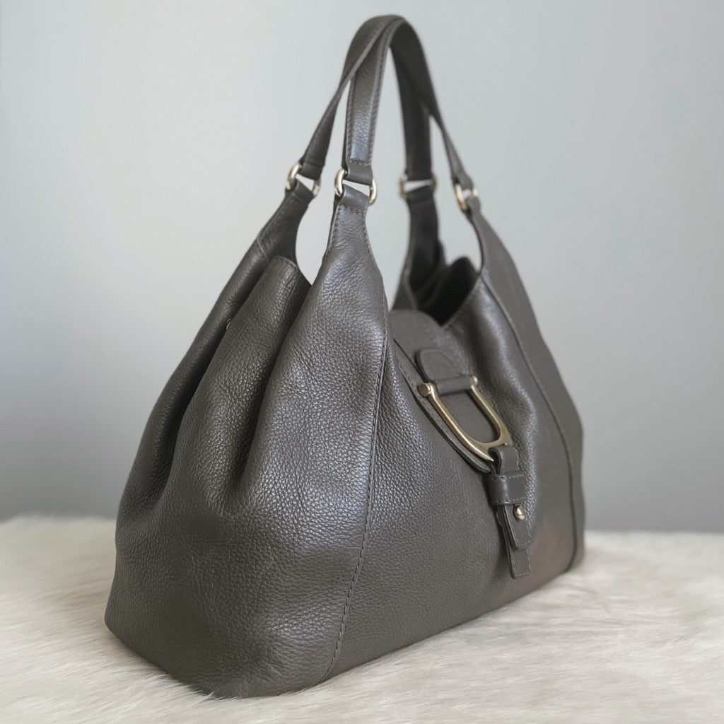 Gucci Grey Leather Horsebit Ring Detail Shoulder Bag