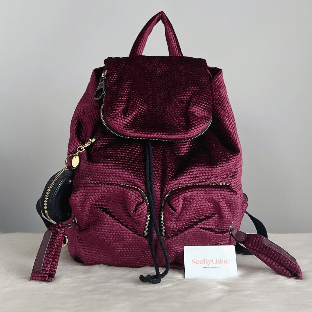 See by Chloe Bordeaux Velvet Drawstring Backpack with Pouch Excellent