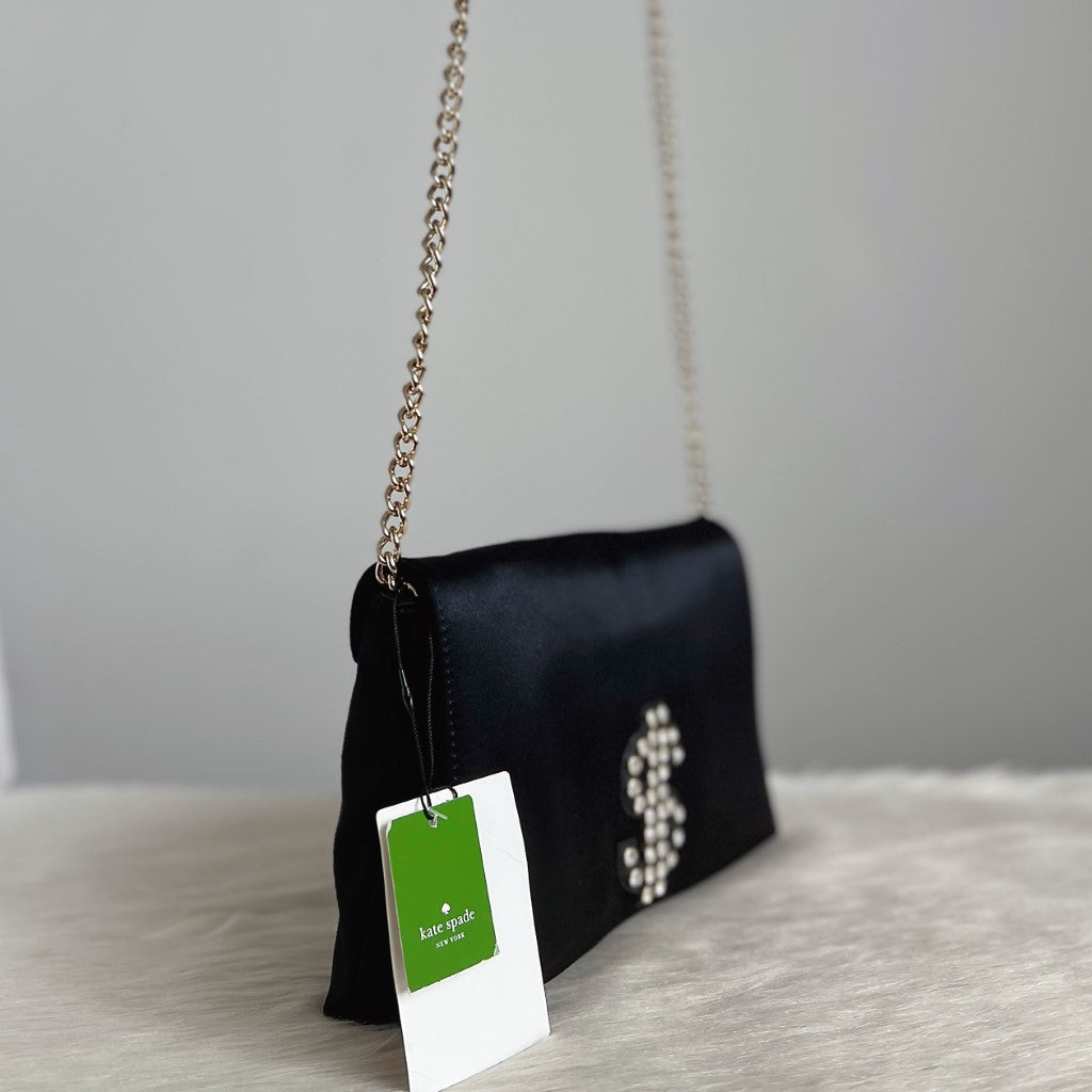 Kate Spade Black Satin Rhinestone Detail Chained Shoulder Bag New with Tags