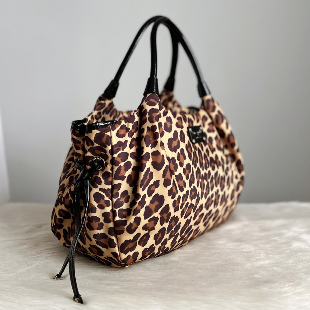 Kate Spade Black Leather Trim Leopard Print Drawstring Shoulder Bag Excellent