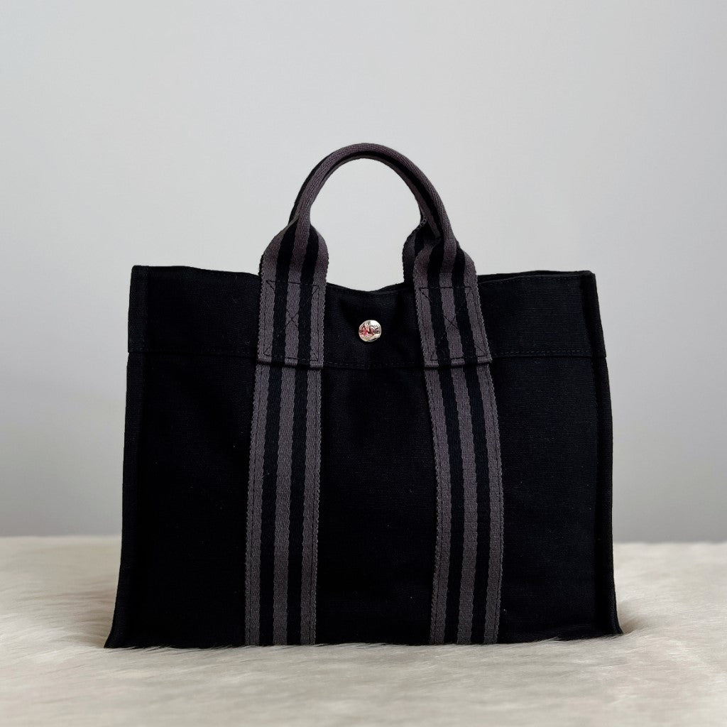 Hermes Two Tone Signature Stripe Detail Canvas Tote Bag Excellent