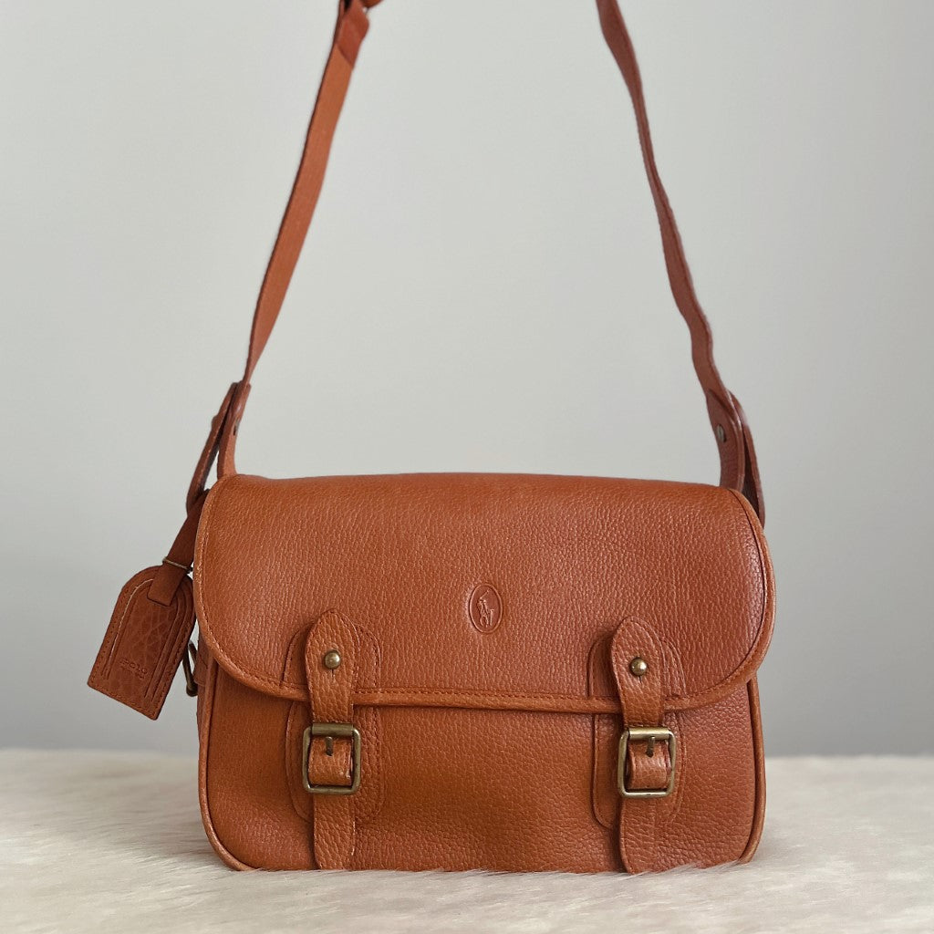 Ralph Lauren Caramel Leather Messenger Crossbody Shoulder Bag