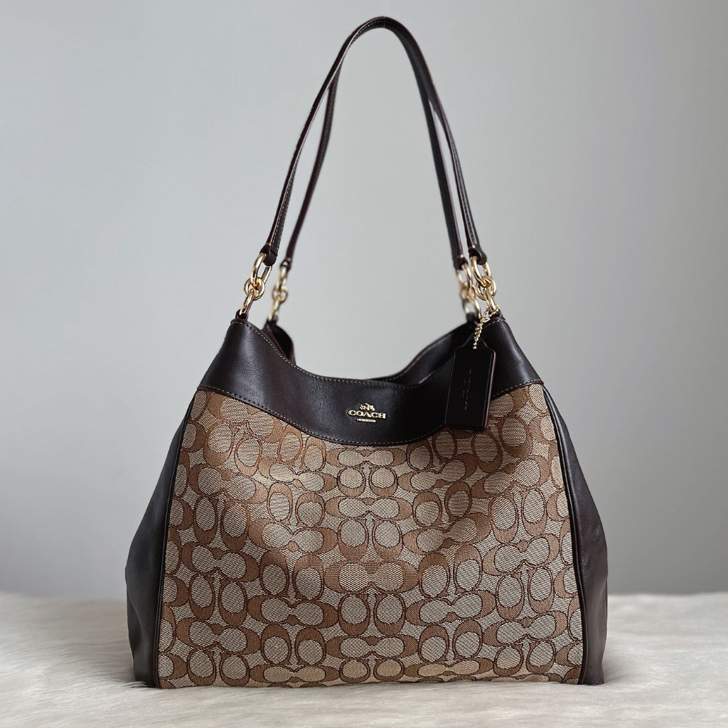 Coach Chocolate Leather Monogram Patchwork Triple Compartment Shoulder Bag