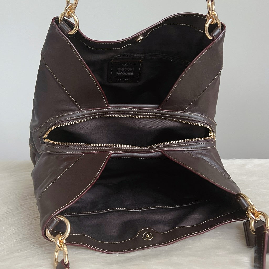 Coach Chocolate Leather Monogram Patchwork Triple Compartment Shoulder Bag