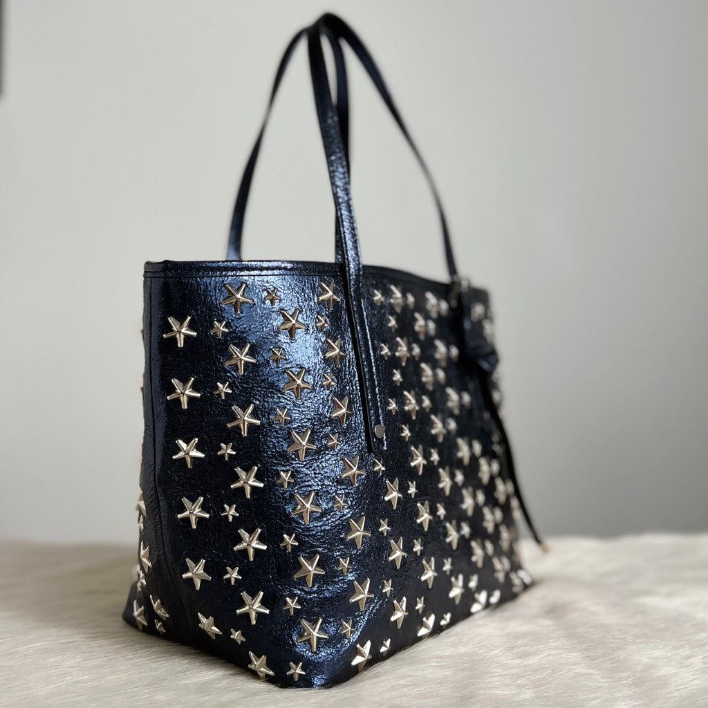 Jimmy Choo Signature Metallic Navy Leather Solar Studded Shoulder Bag Excellent