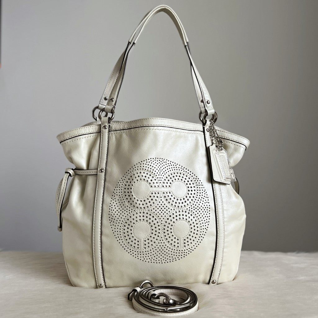 Coach Pearl White Leather Drawstring 2 Way Shoulder Bag