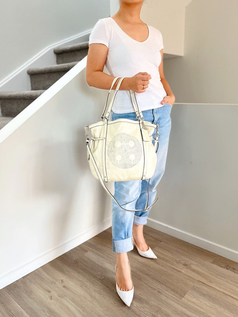 Coach Pearl White Leather Drawstring 2 Way Shoulder Bag