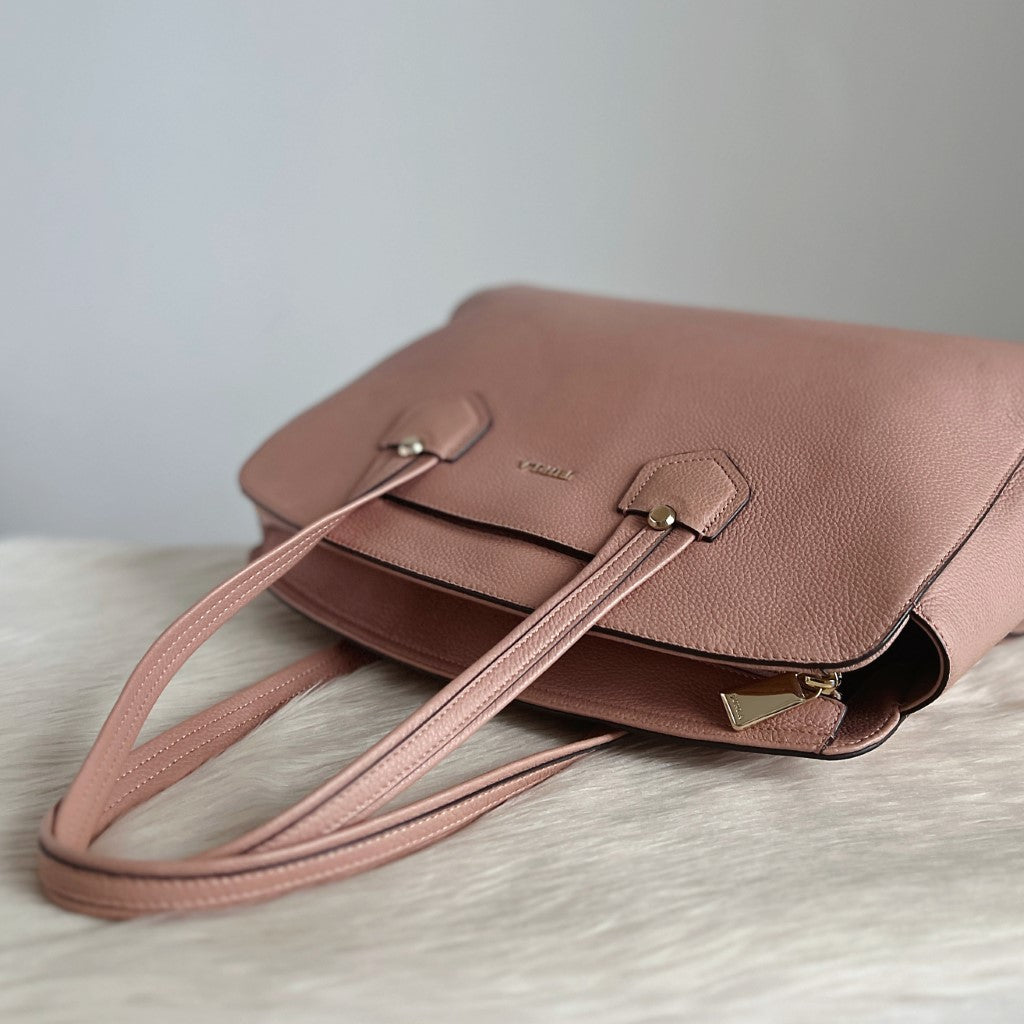 Furla Blush Pink Leather Front Logo Career Shoulder Bag