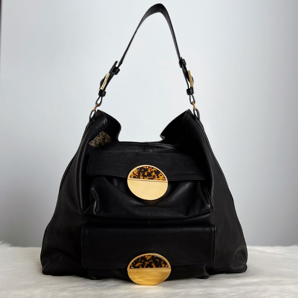 Tory Burch Black Leather Front Detail Slouchy Large Shoulder Bag