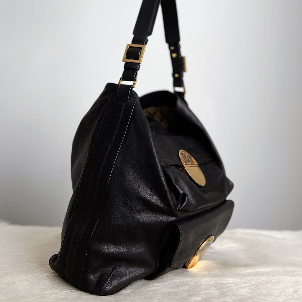 Tory Burch Black Leather Front Detail Slouchy Large Shoulder Bag