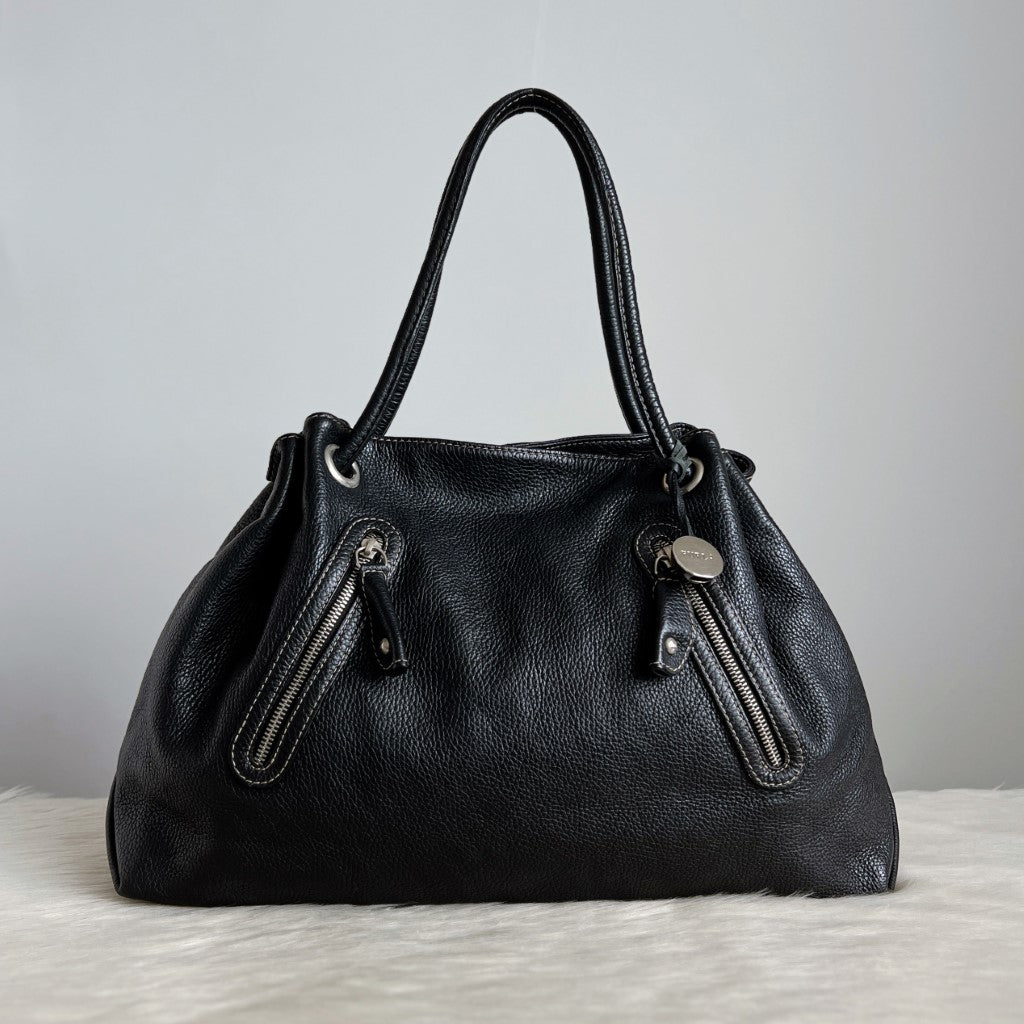 Furla Black Leather Drawstring Large Shoulder Bag