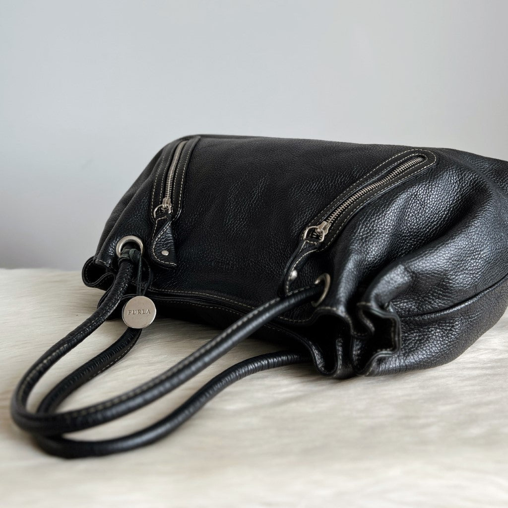 Furla Black Leather Drawstring Large Shoulder Bag