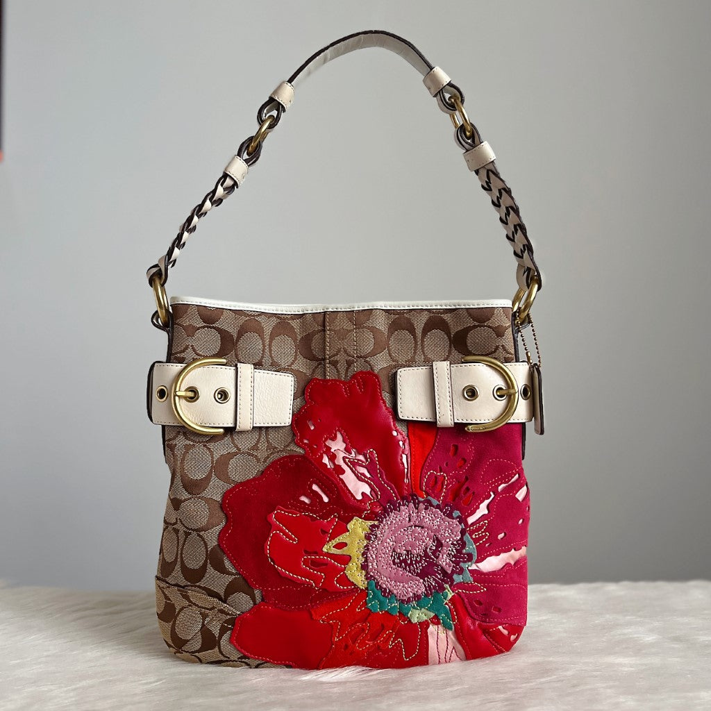 Coach Monogram Floral Detail Pleated Strap Shoulder Bag