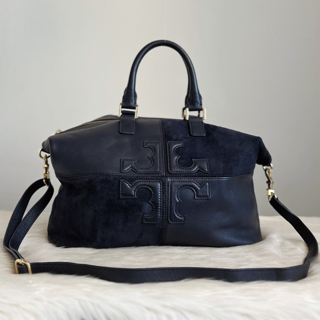 Tory Burch Navy Leather Suede Patchwork Large 2 Way Shoulder Bag