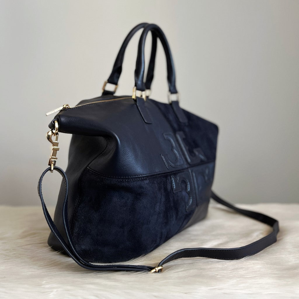 Tory Burch Navy Leather Suede Patchwork Large 2 Way Shoulder Bag