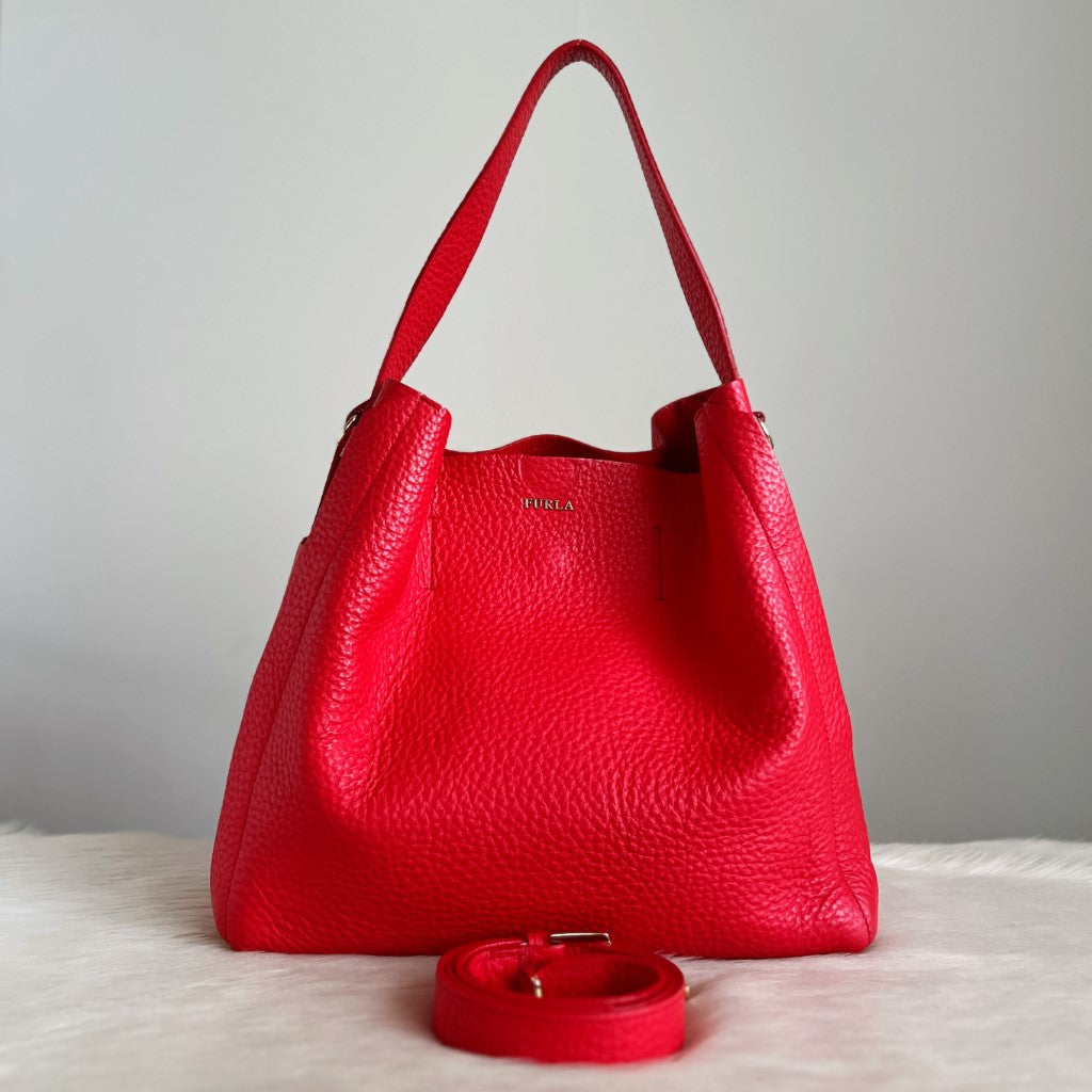 Furla Red Leather Front Logo Slouchy 2 Way Shoulder Bag Excellent