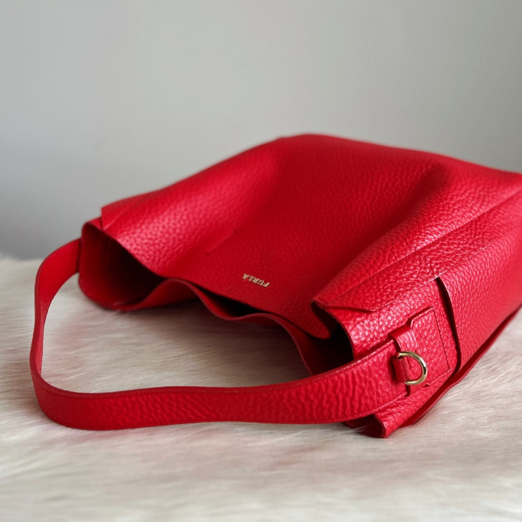 Furla Red Leather Front Logo Slouchy 2 Way Shoulder Bag Excellent