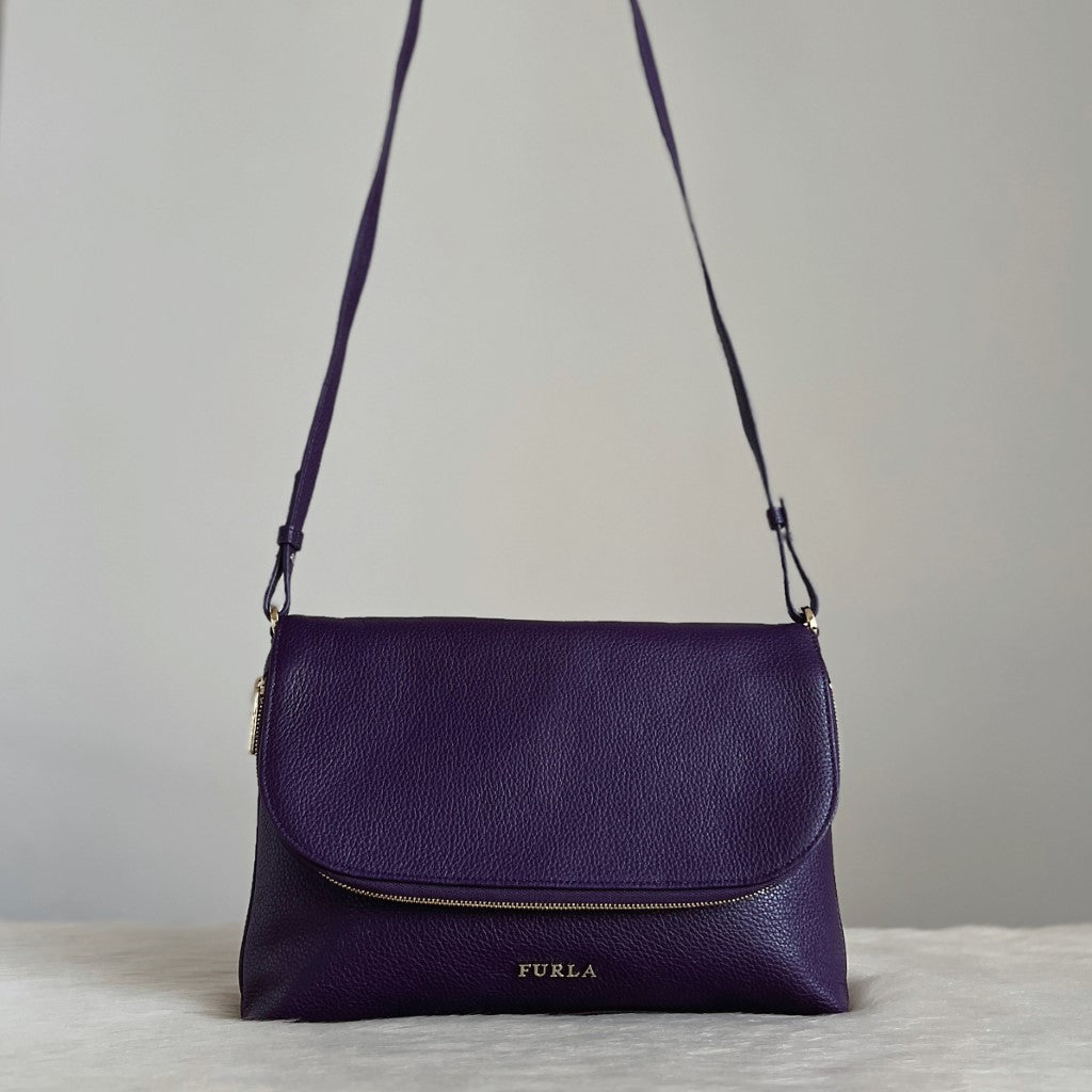 Furla Purple Leather Flap Crossbody Shoulder Bag Like New