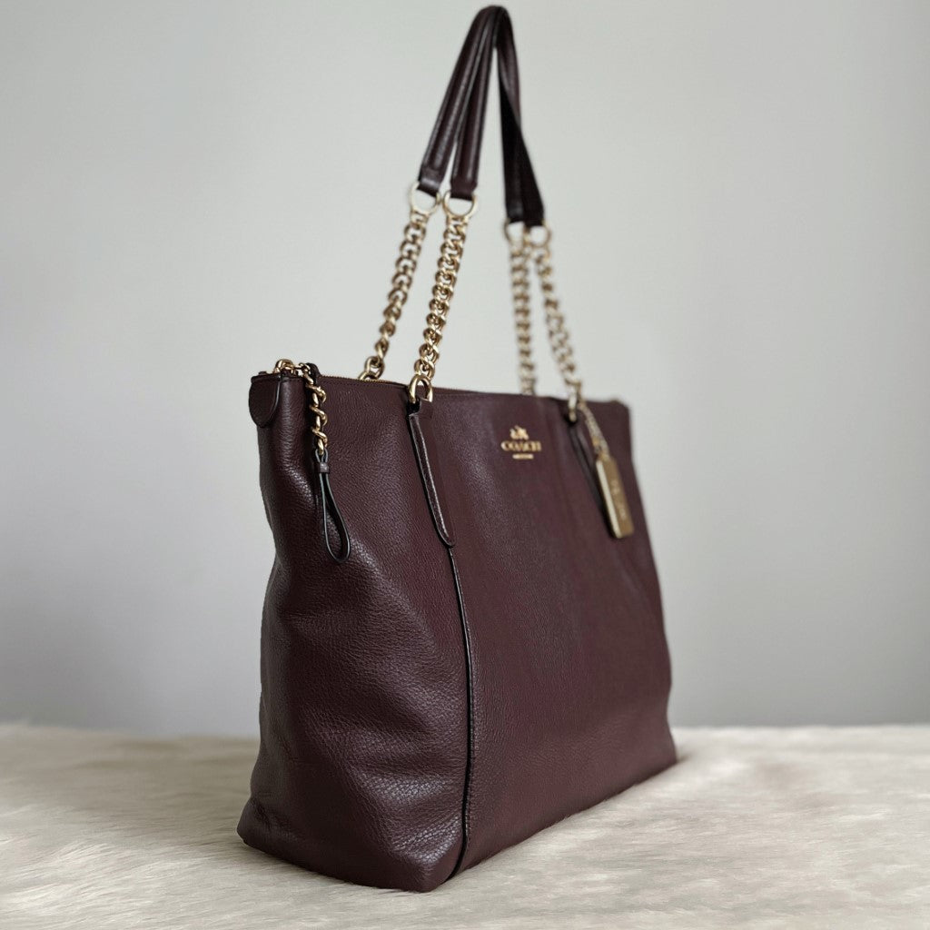 Coach Chocolate Leather Chain Detail Career Shoulder Bag