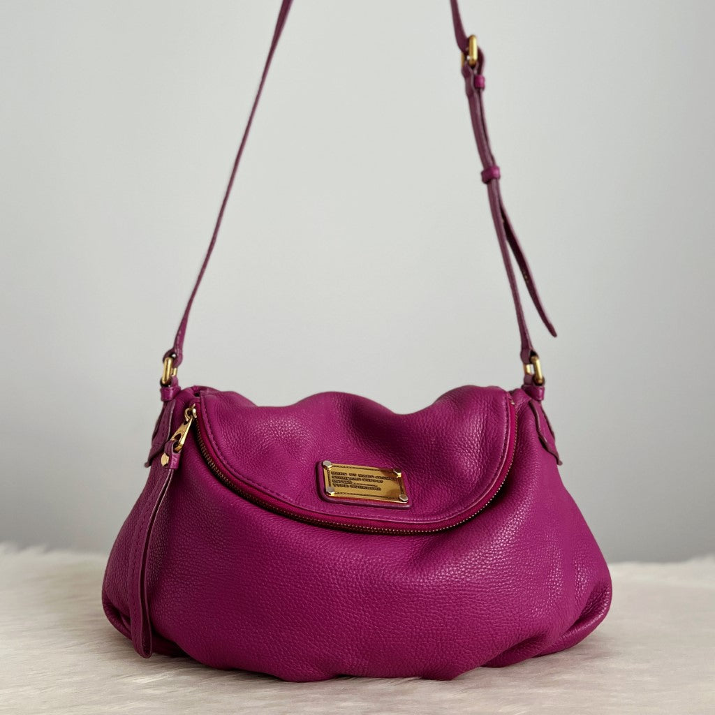 Marc Jacobs Fuchsia Leather Front Logo Zip Flap Crossbody Shoulder Bag