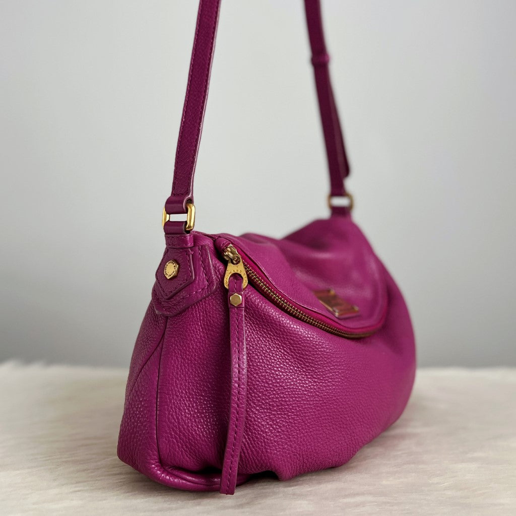 Marc Jacobs Fuchsia Leather Front Logo Zip Flap Crossbody Shoulder Bag